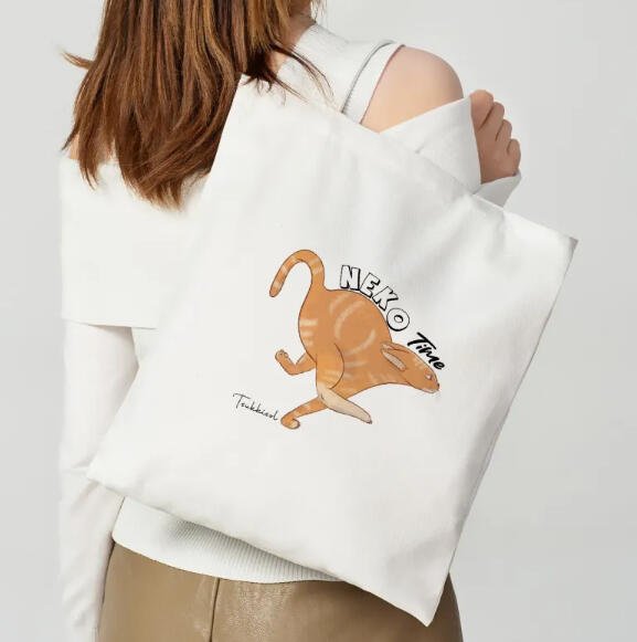 Neko Time Horizontal Part-print Canvas Tote Bags - 13.7″x15.7″(35x40cm)
